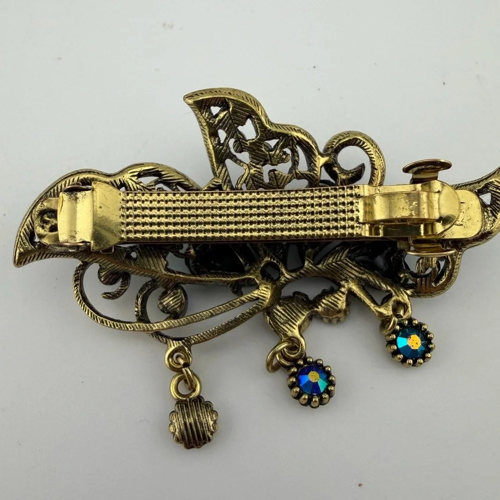Vintage Style‎ Antique Gold Teal Heart Rhinestone French Barrette Clip